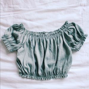 Olive green crop top off the shoulder.